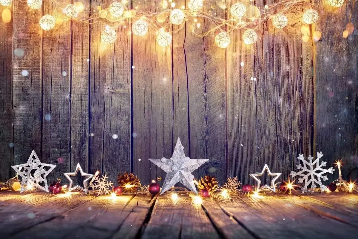 Vintage Photography Lighting - クリスマス背景幕 ヴィンテージ木製テーブル 星とライト 新年イベントパーティーデコレーション 写真背景 撮影用背景幕