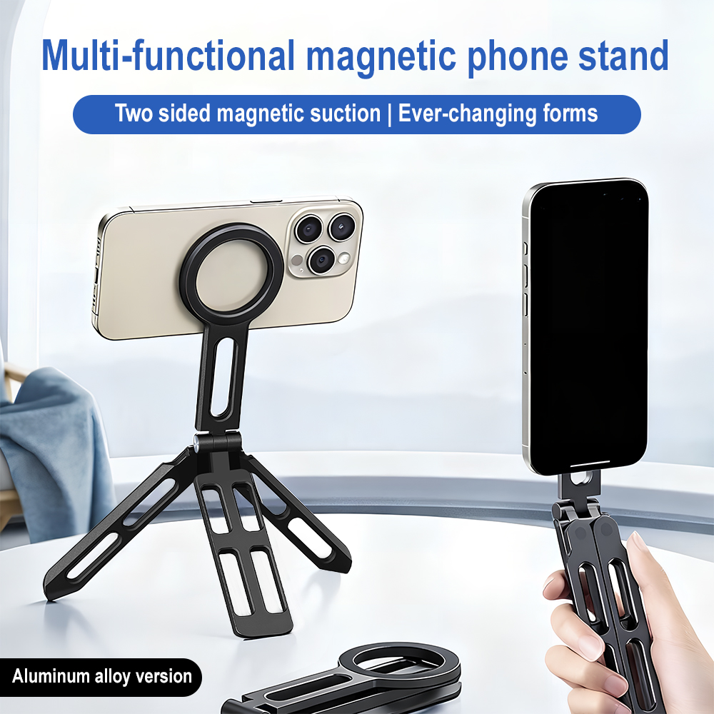 Lighting In Photography - マグネット式スマホホルダー 四軸360度回転 ° 回転折りたたみ式自撮り棒 アルミ合金製ポータブルポケット三脚スタンド Vlogライブ用