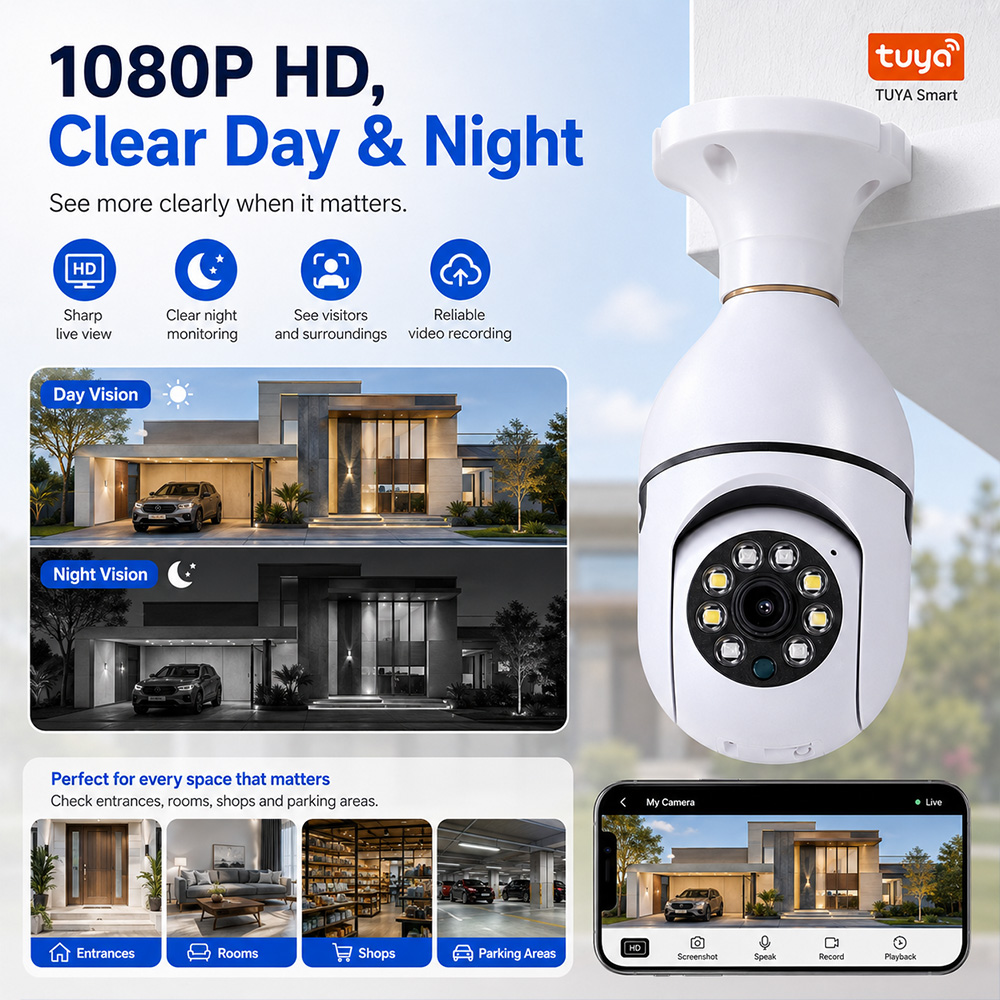 電球型カメラ Tuya ワイヤレスライト 2MP HD E2 - Photography Lighting Wireless のレビューと価格